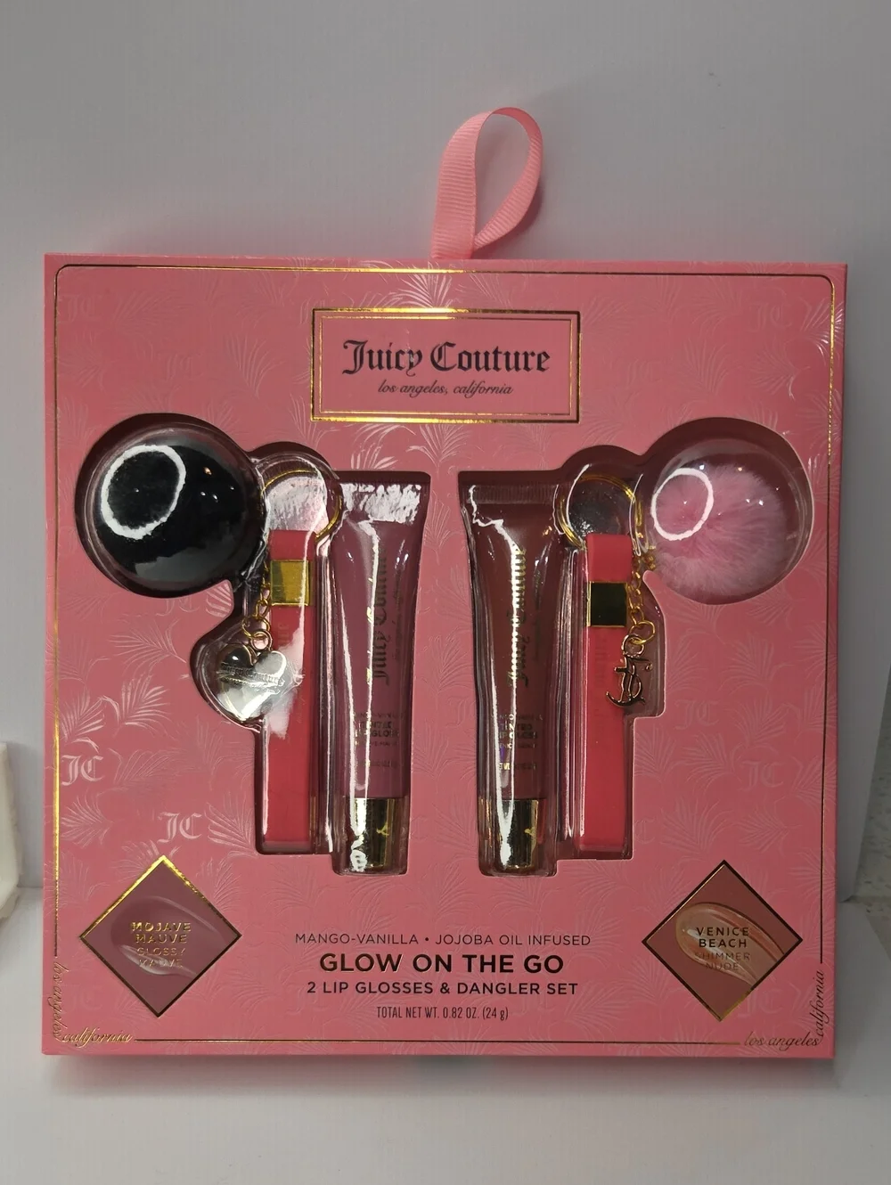 💕▪️Juicy Couture ▪️ 4pc Set 2  Lip Gloss Duo Gift Set with Pom Charms Keychains